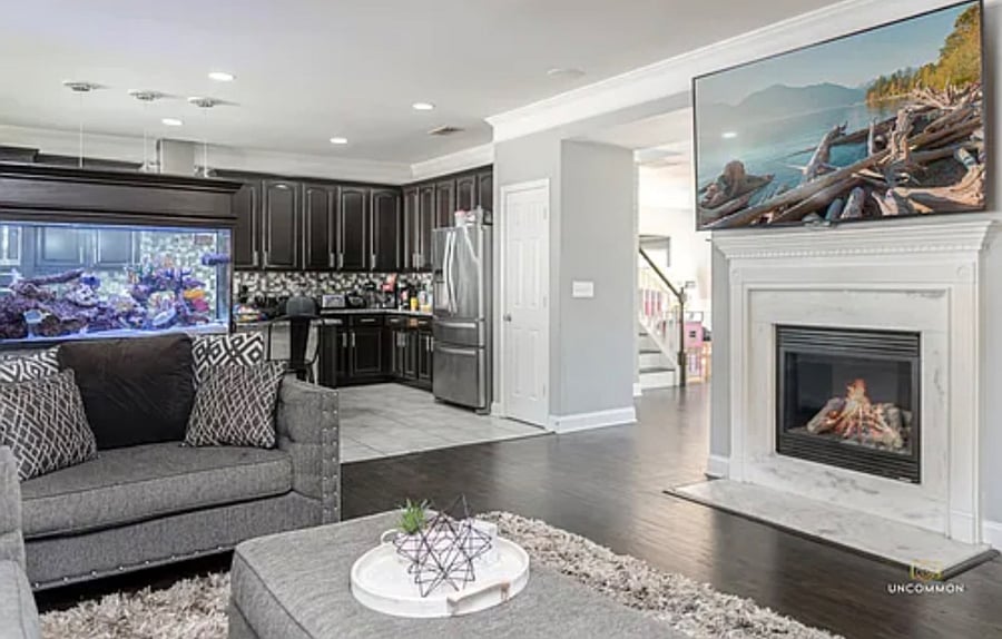 Kitchen View with 200-gallon Salt Water fish tank and fire place. 