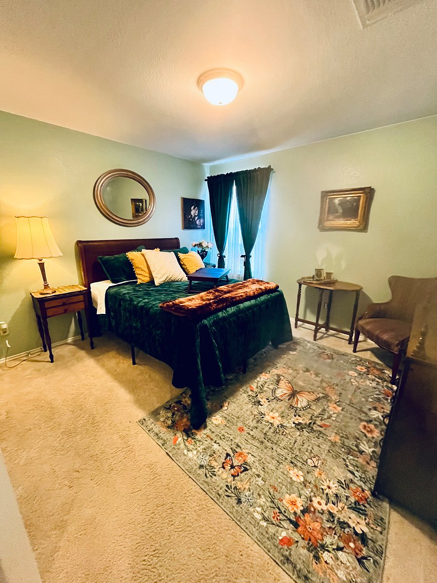 Full bedroom with room darkening drapes
