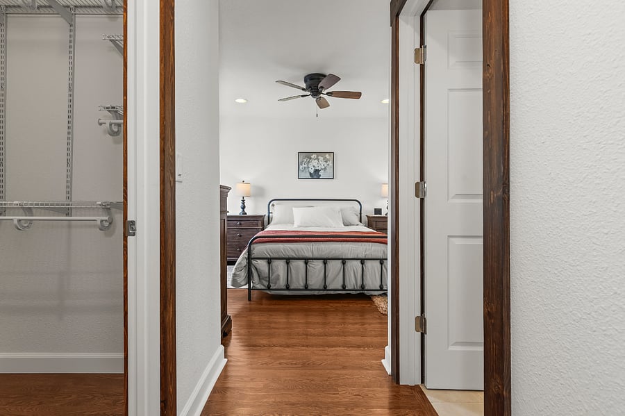 Master bedroom suite has blackout curtains, walk-in closet and private bath