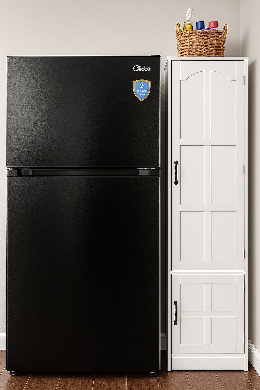 fridge and storage cabinet.