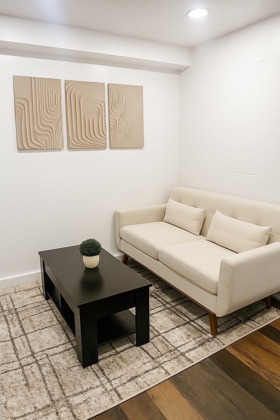 Living room with couch, coffee table (with storage) and TV.