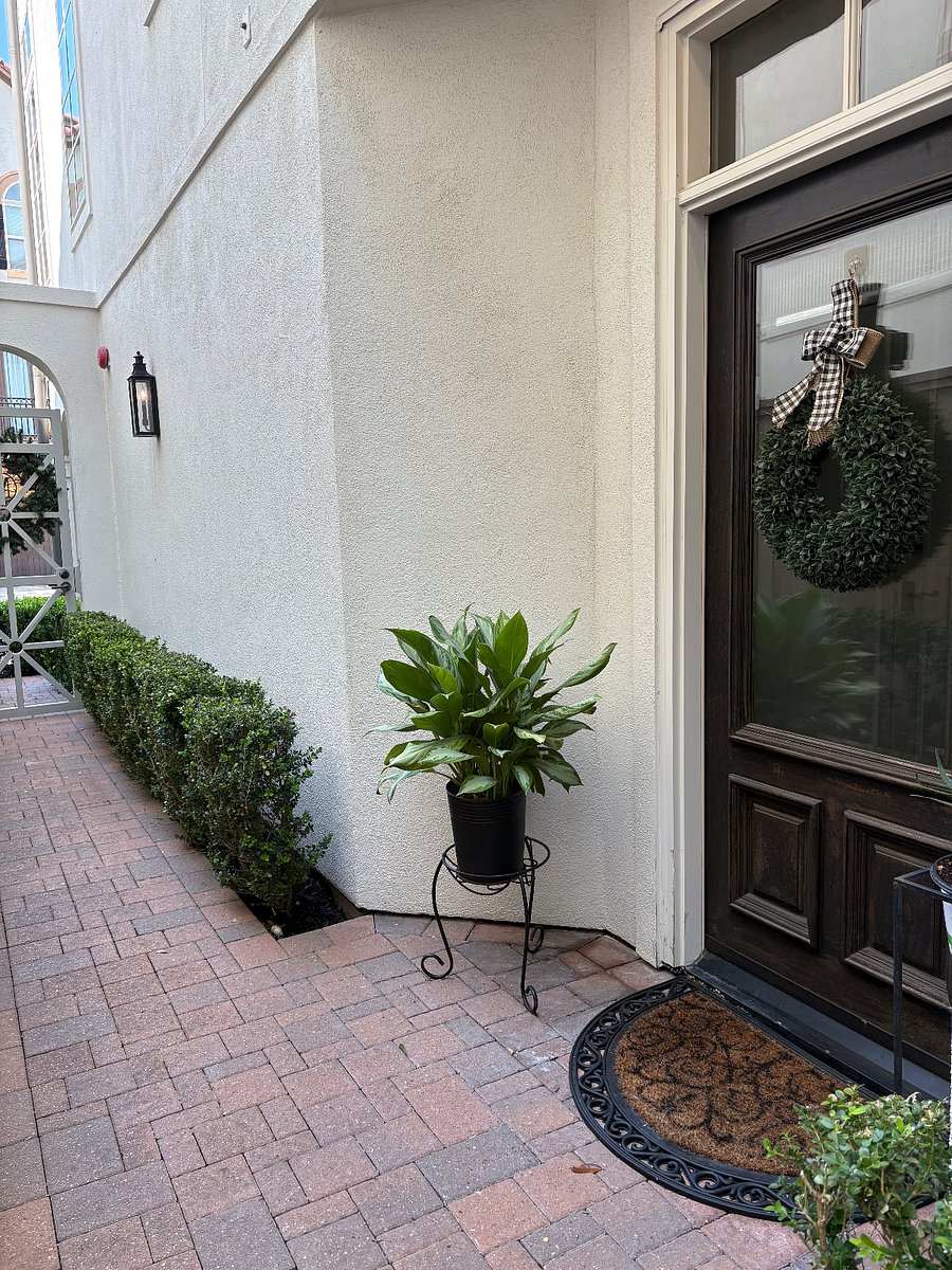 Brick walkway with shrubs to and from front door