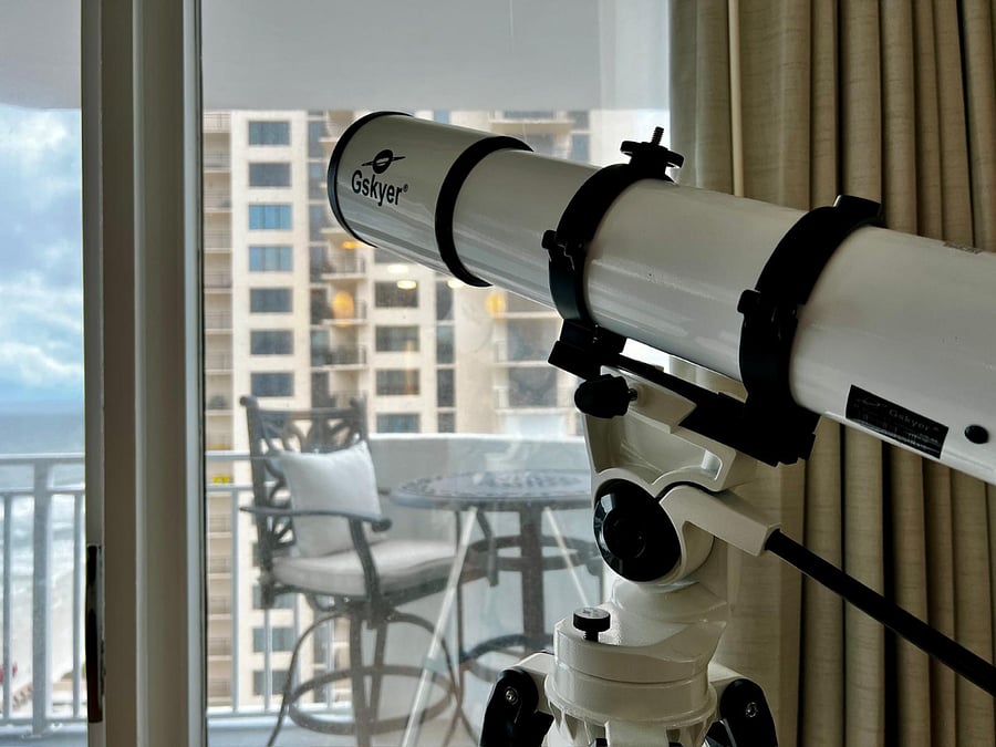 Telescope kept in unit for your use, you'll be able to see rocket launches all the time from the balcony!