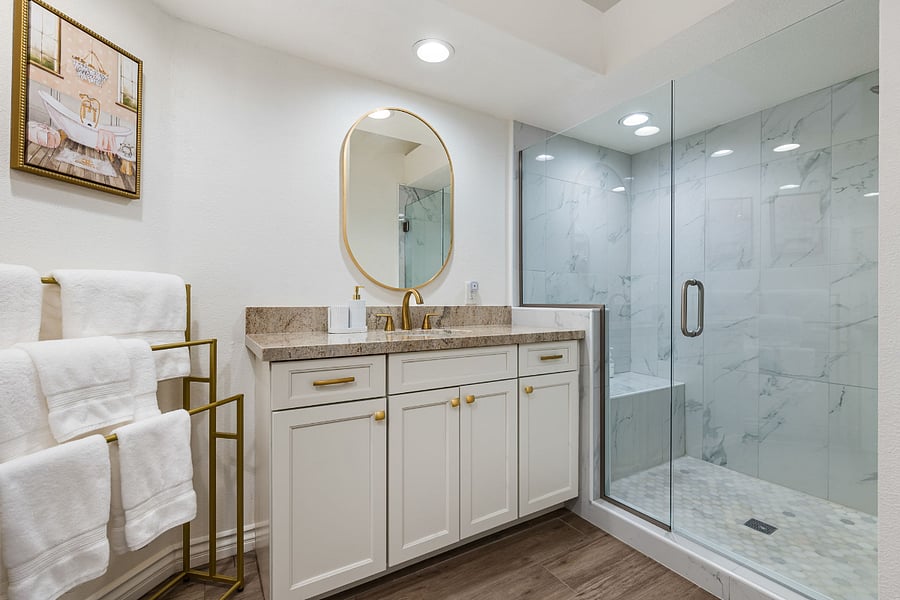 Our newly renovated private bath features a spacious marble walk-in shower, perfect for refreshing after a day of adventure. With a calming atmosphere, this bathroom offers a touch of spa-like relaxation right in the comfort of your own space.