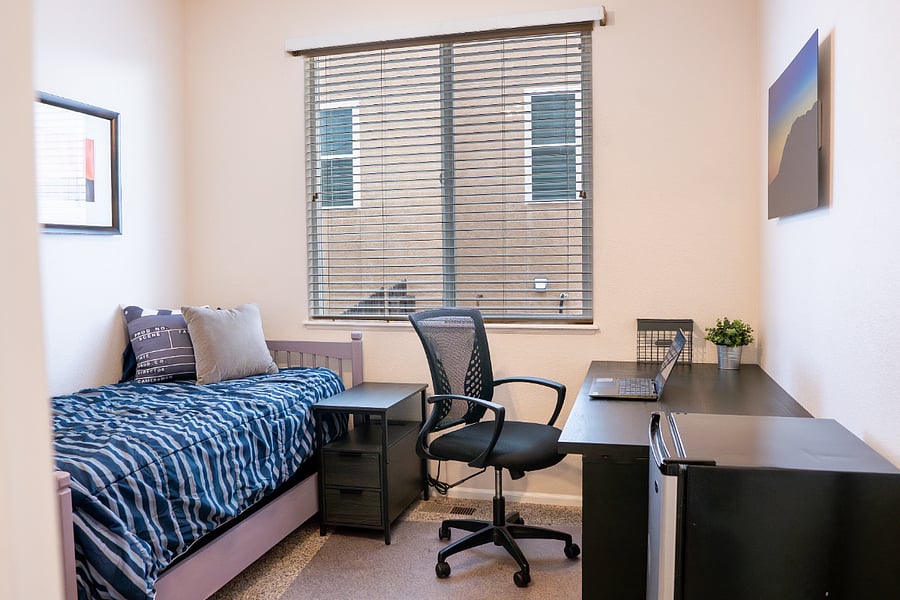 2nd available bedroom with a full bed, large desk, and mini fridge. (Bed has been upgraded from the twin pictured).