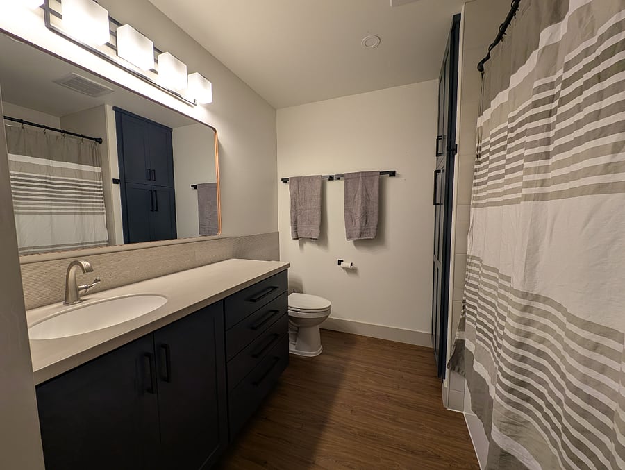 Large bathroom with soaking tub/shower and plenty of storage - vanity and floor to ceiling cabinet