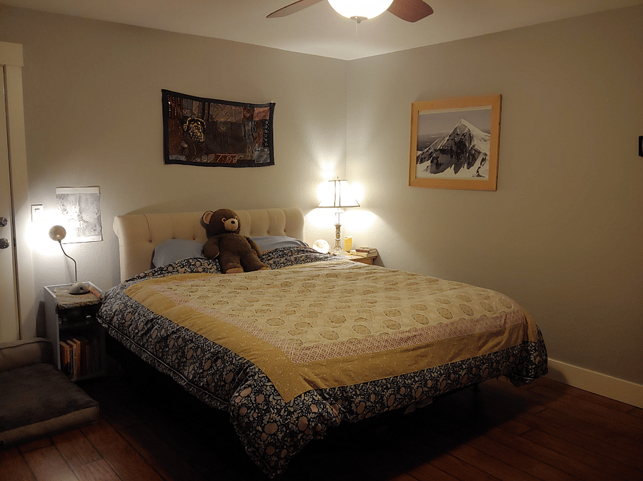 Master bedroom at night, with our comforter.