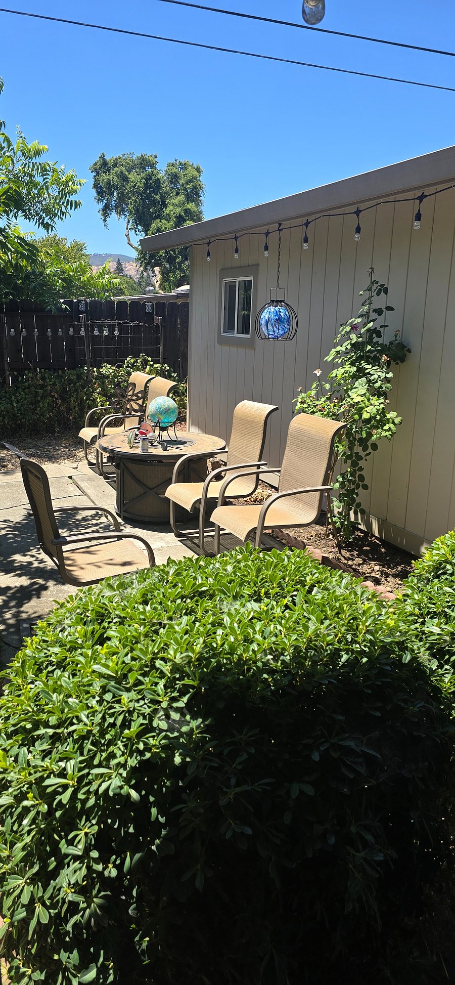 Chairs and table off patio in backyard. 