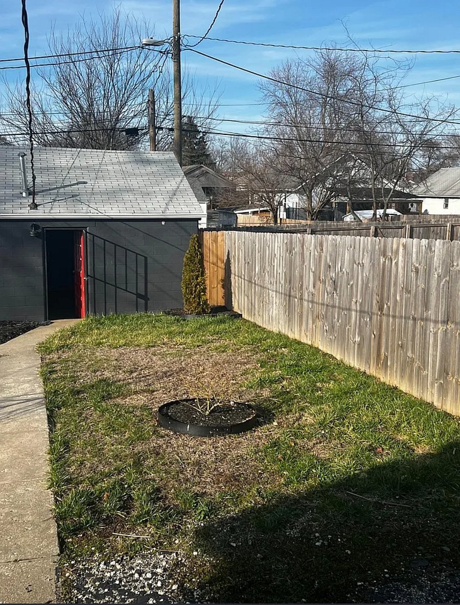 Fenced backyard grey for pets & kids