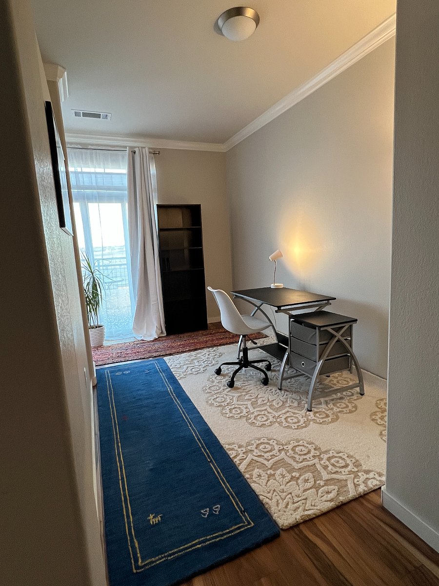 Lots of natural light into office space. Large bookshelf by sliding glass door.