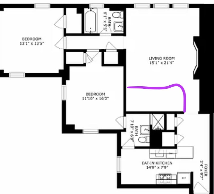 3rd bedroom outlined in purple . small but fits a nightstand and full size bed 2 large closets are just outside adjacent to the bed room