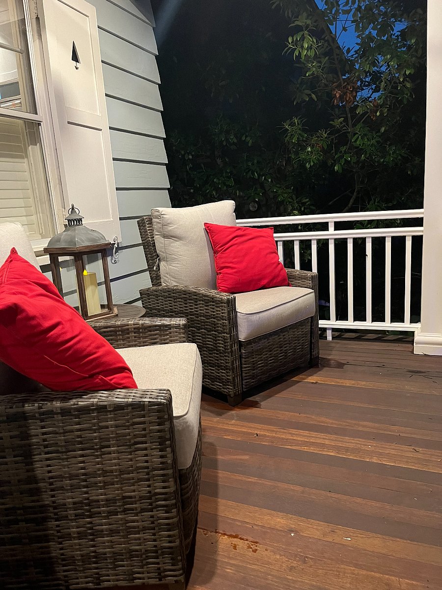 Choose 2 comfy recliner chairs to sip coffee or your favorite cocktail.  Perhaps a nap!

[note: outdoor furniture setup/availability may be different in the winter time.]