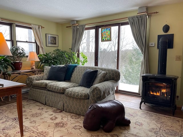 The TV room has a gas fireplace. The large windows face west to a nice view of the land.