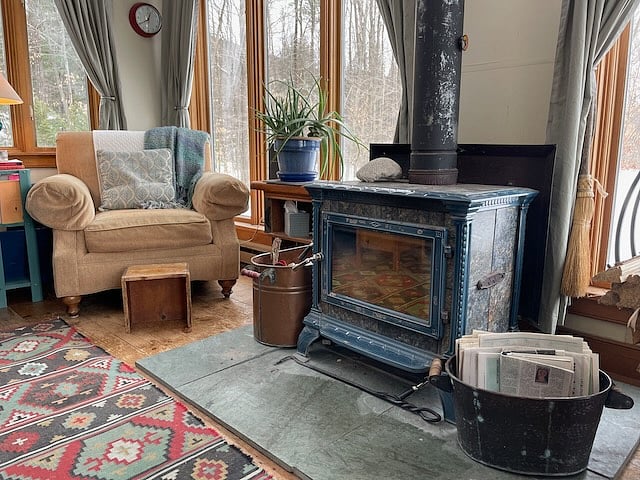 Hearthstone (soapstone) woodstove. Easy operating instructions are in the printed Guest Guide book for when you arrive