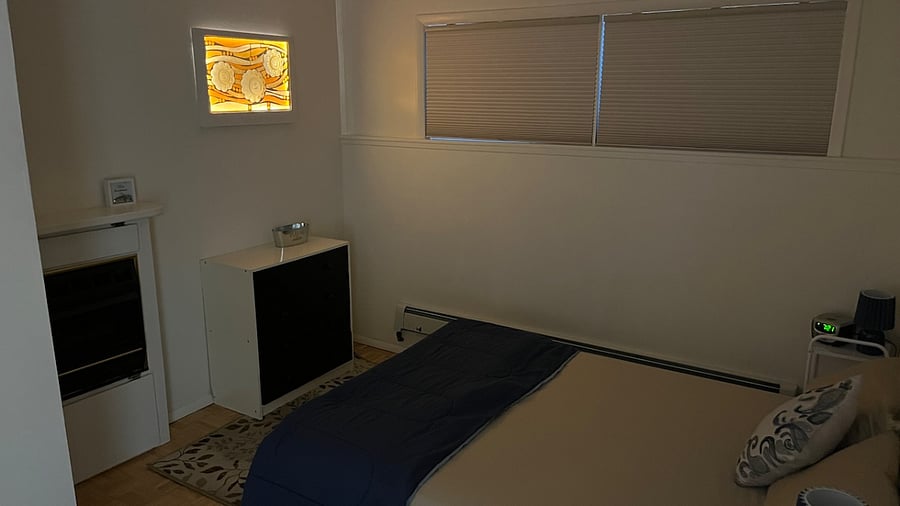 Glass artwork lighting is dimmable and on/off with remote. 