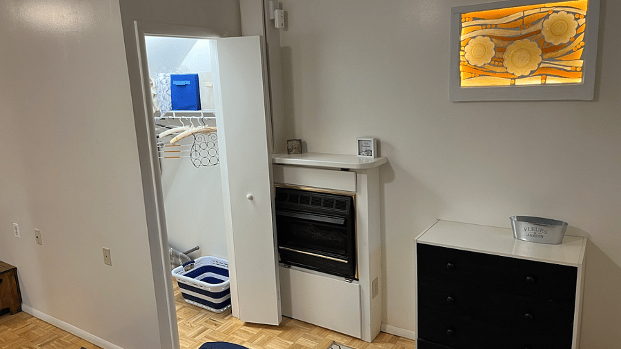 Gas fireplace and closet bifold door. 