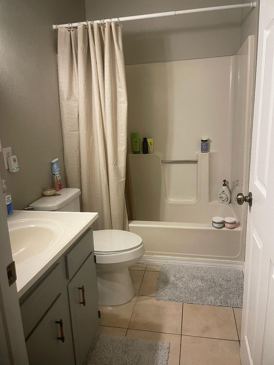 Full bathroom with complimentary toiletries, 12 bath towels, 5 hand towels, 10 washcloths, hairdryer, and personal scale.