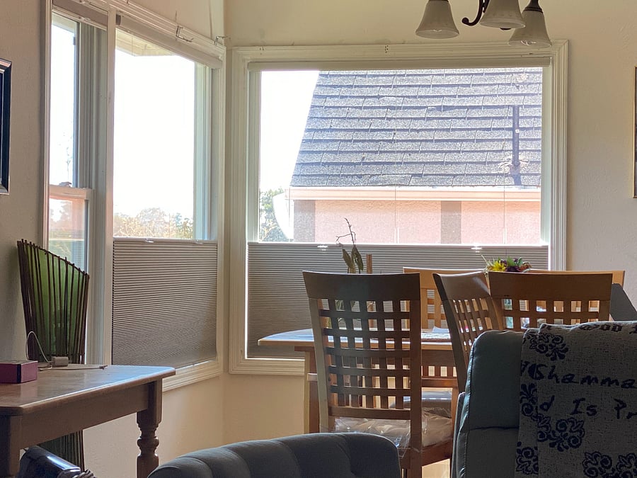 view from living room out through dining room windows. 