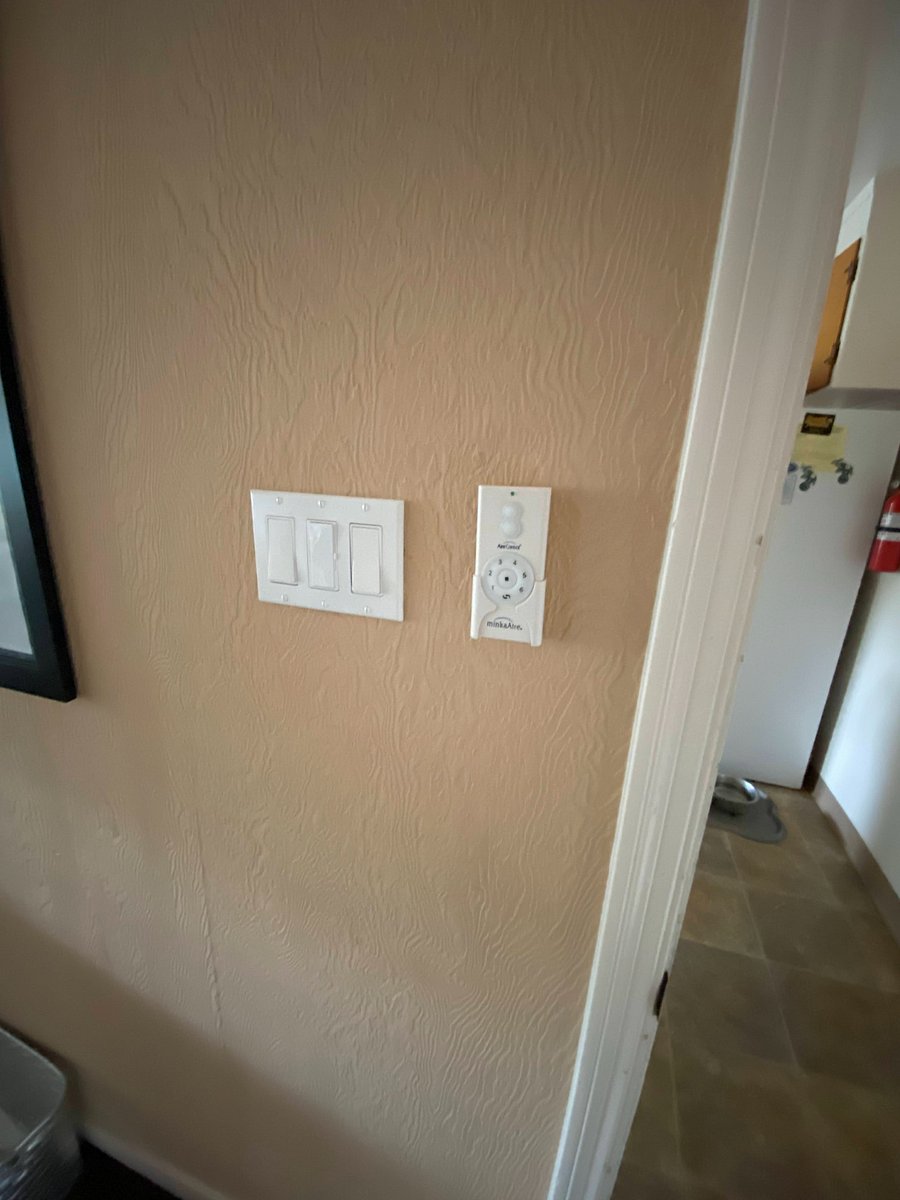 low tech light switches: 
living room (dimmable)
fan w/light (one triple switch remains on, controller with dial is used for control)
entry hallway (dual control at the door under key holder, left switch...the other switch by the door should remain on as it is for the sensored porch light)