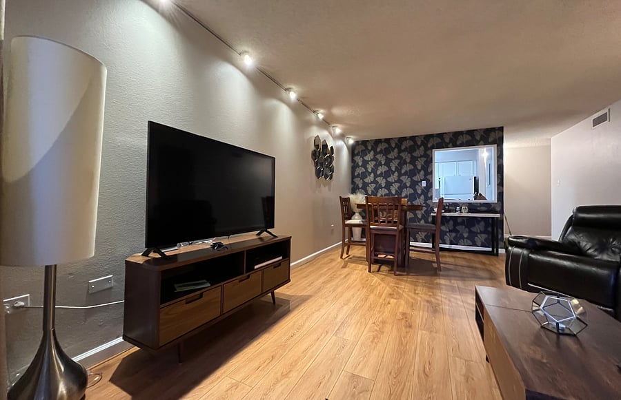 inward facing view of living room with TV and window to the kitchen- dining space
