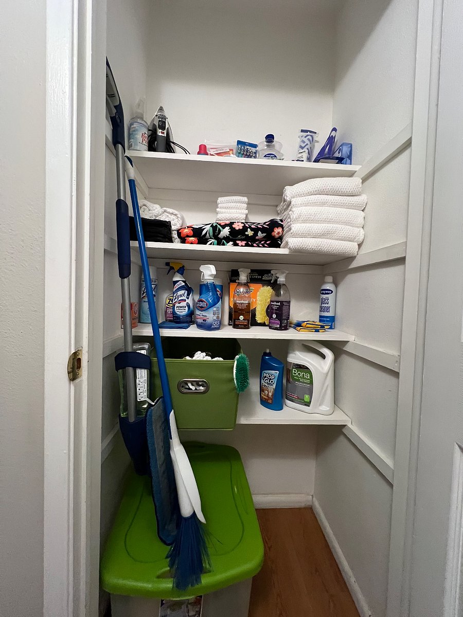 Linen closet- supplied with fresh towels, toilet paper and paper towel storage, toiletries and cleaning supplies.