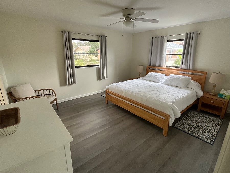Master Bedroom features King bed and room darkening curtains