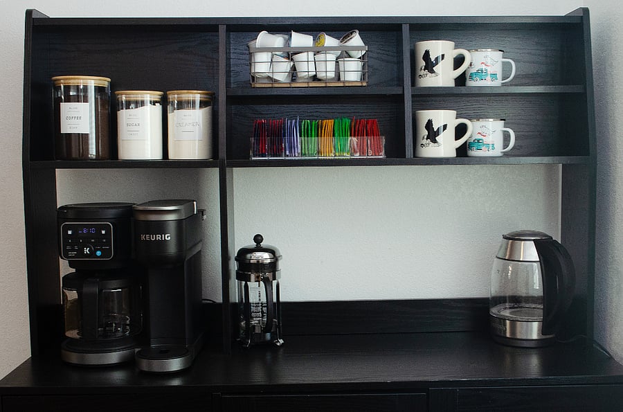 Coffee three ways - drip, French press, or a single cup.