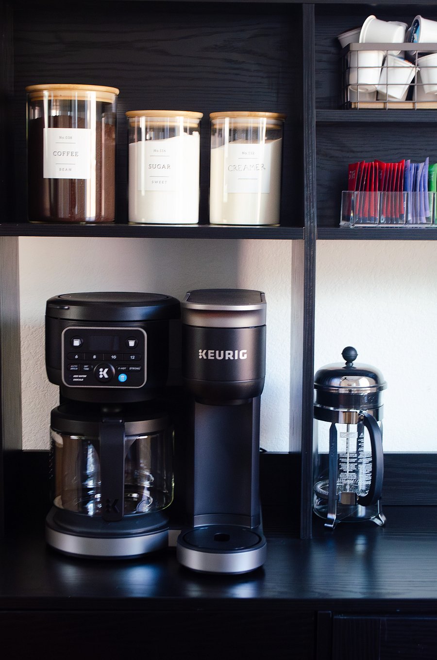 Coffee three ways - drip, French press, or a single cup.