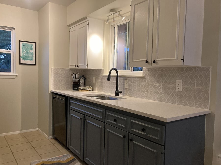 Kitchen appliances: dishwasher, full size refrigerator, gas range and oven. Also included: toaster, blender, microwave, and coffee maker.