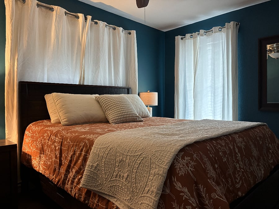 Bedroom #1 Blinds and curtains for flexible light control