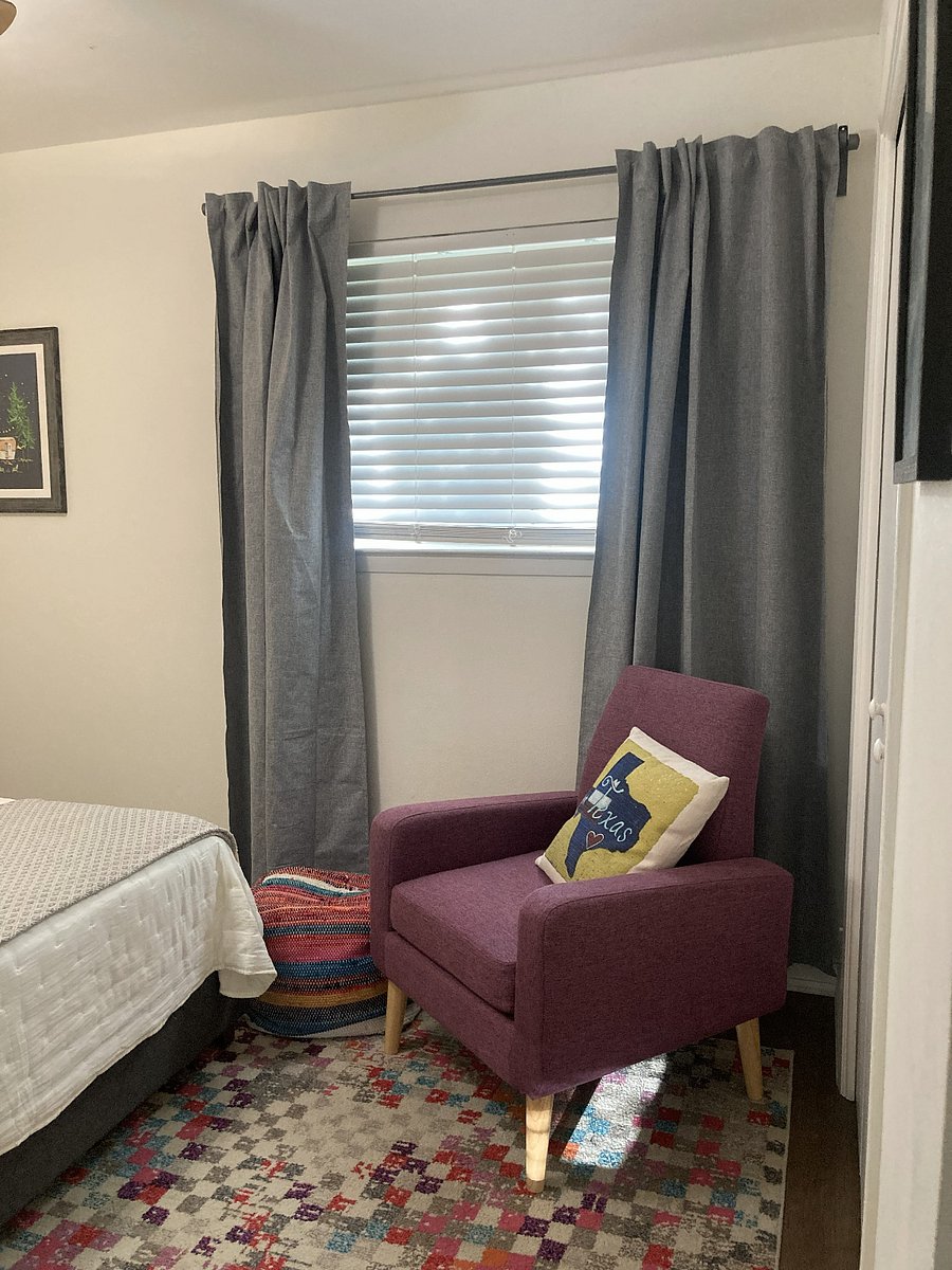 Bedroom #2 Room Darkening Curtains and cozy sitting area with USB Charging outlet