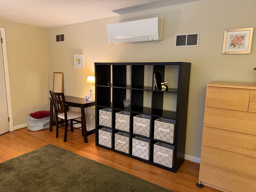 Two dressers, cubby storage, desk, mirror