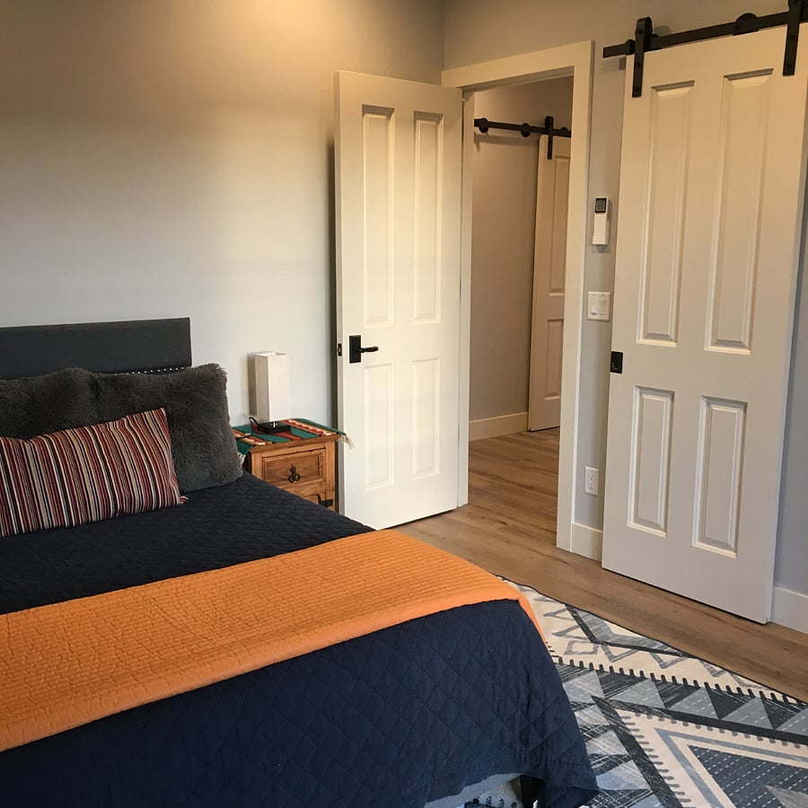 Bedroom 2. Queen bed and nice, roomy closet space with sliding barn door.