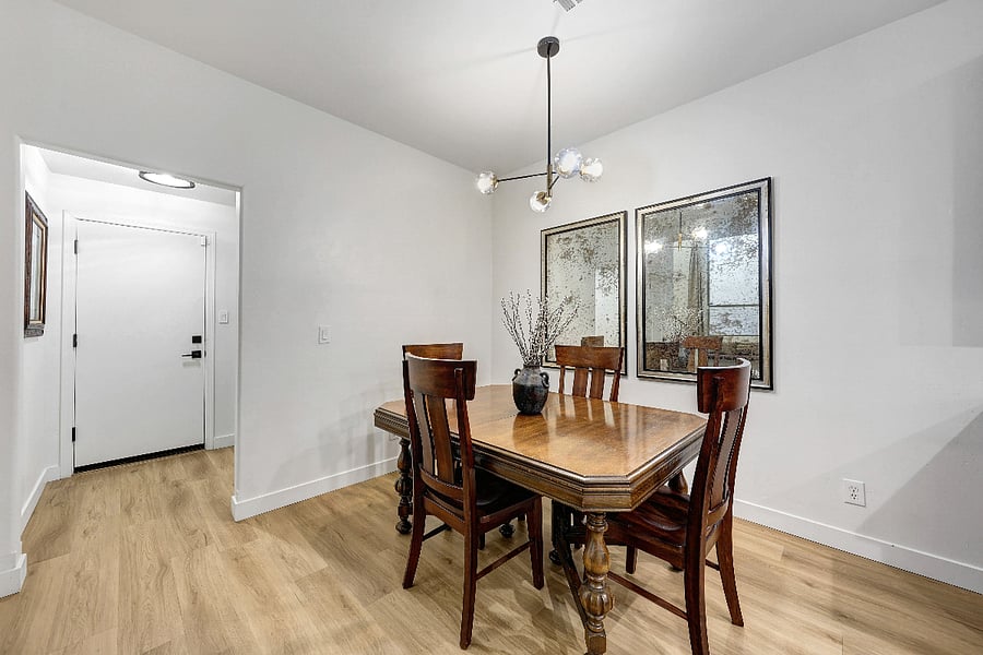 Dining area adjoins the kitchen and living space.