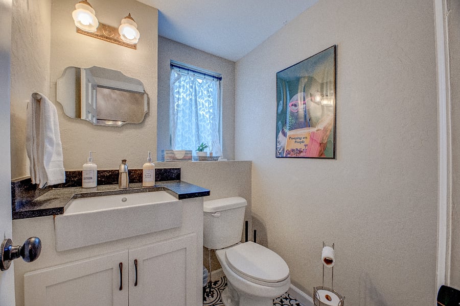 Clean, well-stocked bathroom off of the entry way on the main floor. 