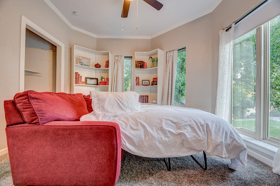 The couch features a full size pull out bed with memory foam mattress. 