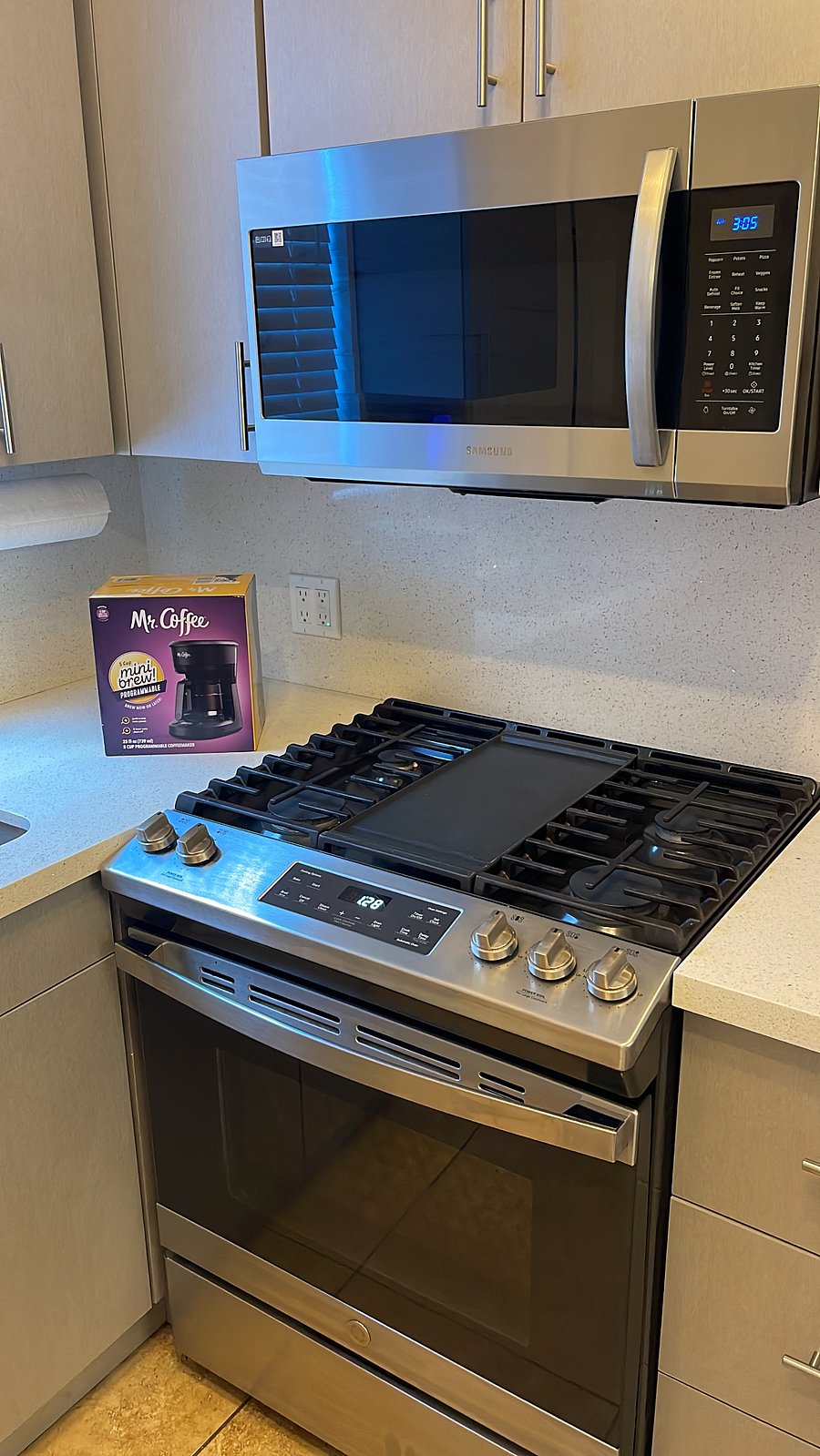 close-up of stove and microwave area