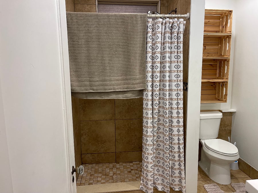 bathroom, as shown with one of the included matching towels