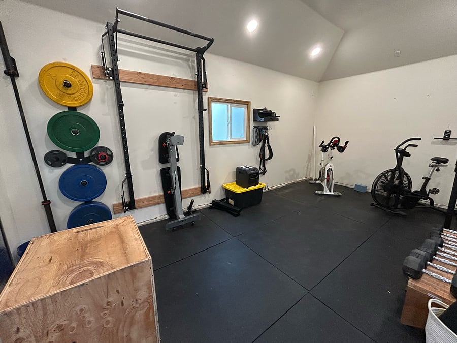 Home gym in separate, finished garage
