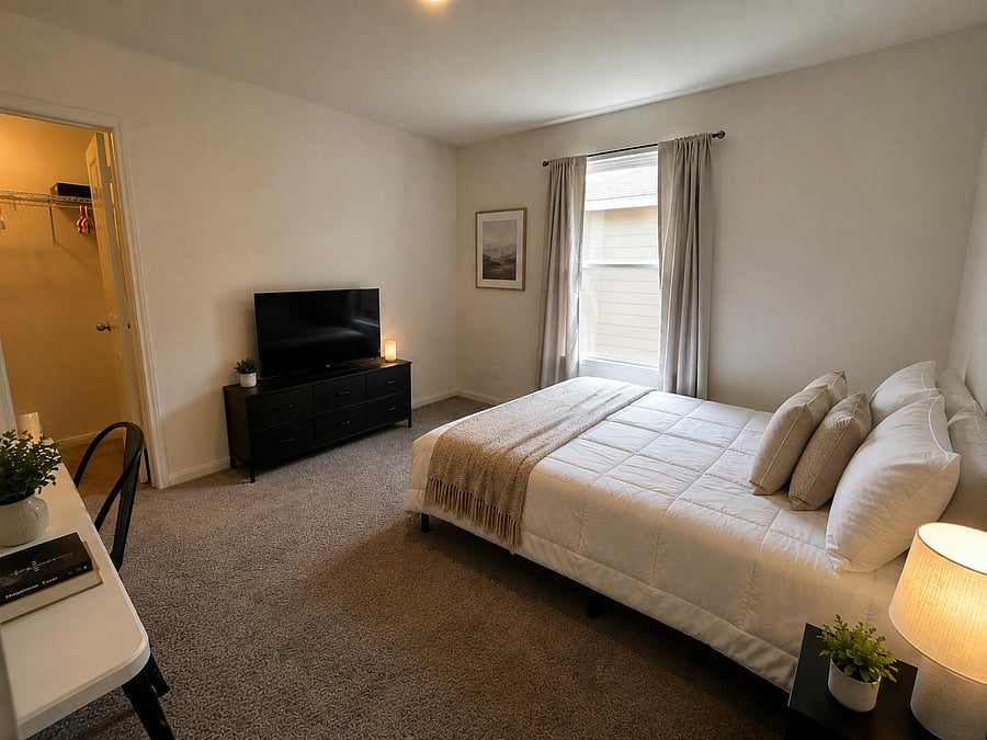 Spacious furnished bedroom with a full bed, TV on dresser, desk area, and an open closet for easy storage.