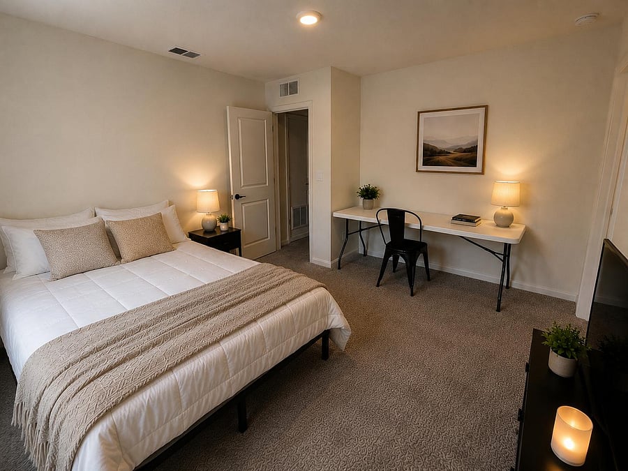 Well-appointed bedroom with a full bed, nightstands, and a dedicated desk area for work or study.