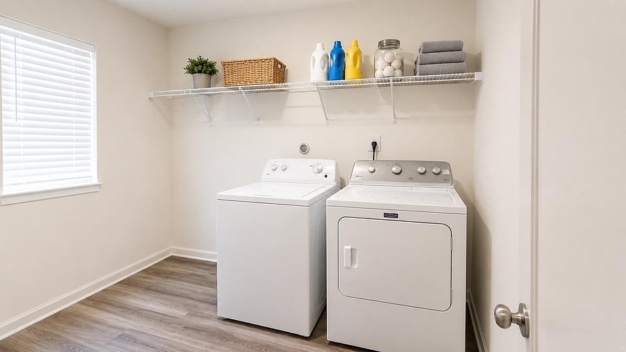 Dedicated laundry room with side-by-side washer and dryer, wire shelving for supplies, and a window for natural light.
