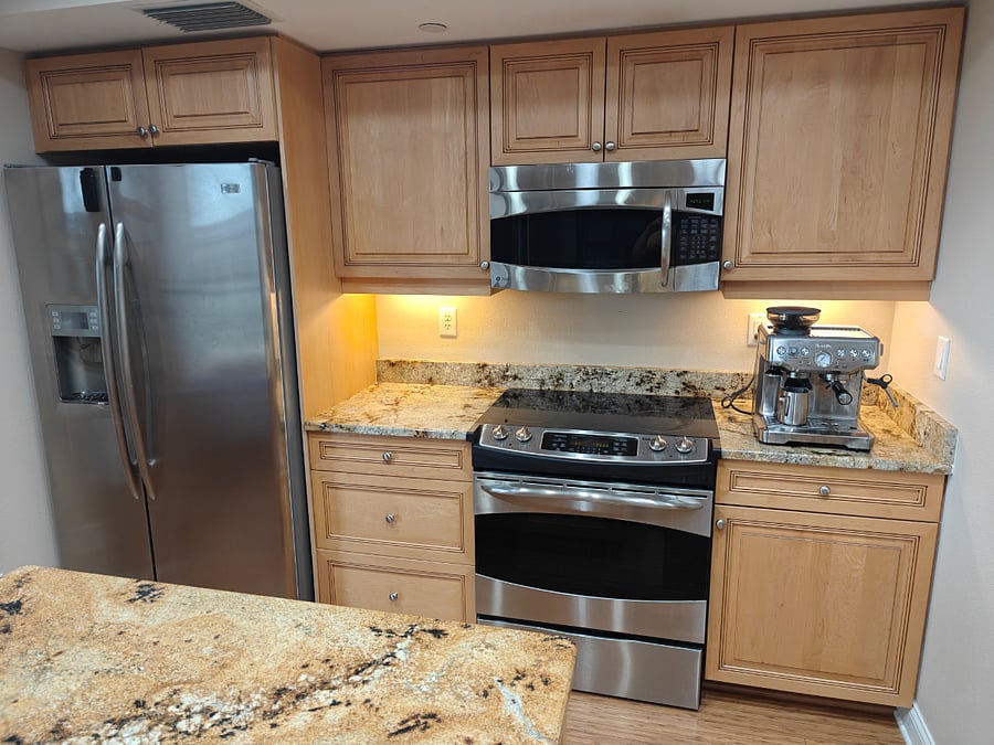 Full-size fridge, Breville coffee machine 
