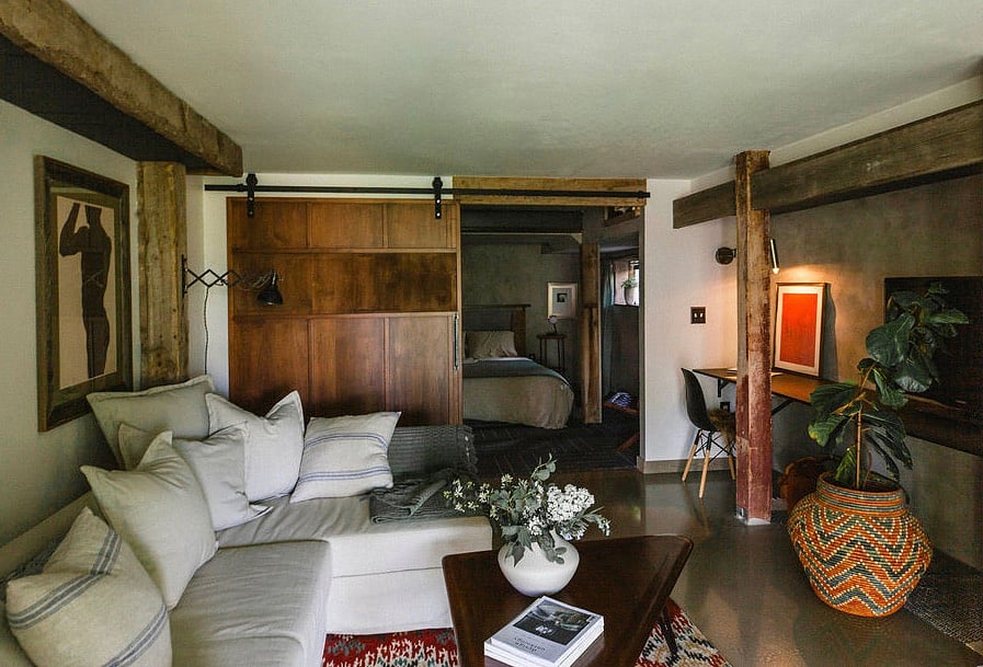 living room and sliding door into bedroom.