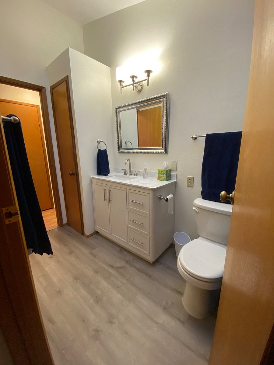 Brand new vanity is crisp and clean.