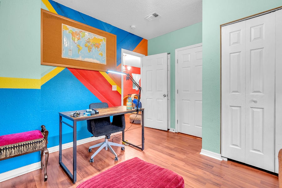 Fully Equipped Office Room- Printer, Paper, Plentiful and Diverse Writing Utensils, Corkboard, Desk, Lamp, Chair