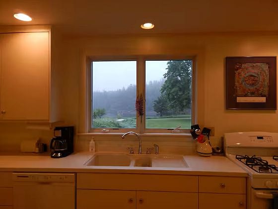 Foggy day view of the water and back yard from kitchen