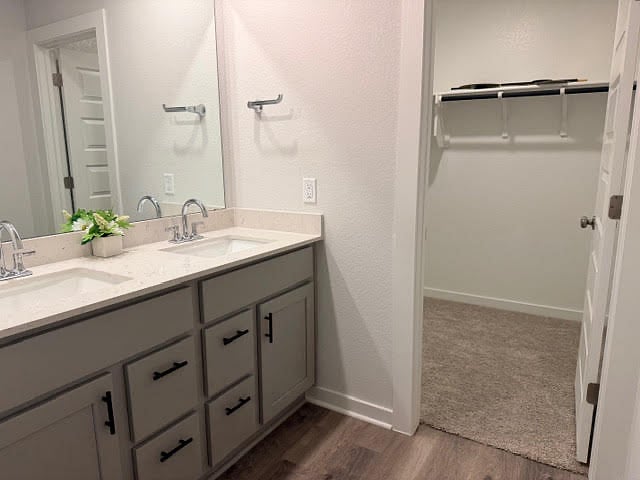Primary bathroom Walk-in Shower, double vanity, and a spacious carpeted floor walk-in closet.