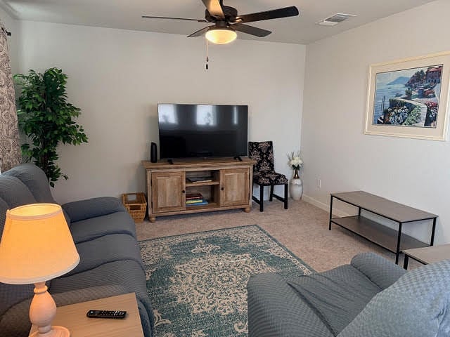2nd living room on the 2nd floor to be shared space for the 4 bedrooms on the 2nd floor. Comes fully furnished with ceiling fan with lights, 2" faux window blinds and window coverings, carpeted floor. 