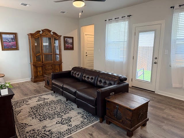 Shared Living room fully furnished and open to kitchen and dining area. Ceiling fan with lights, lots of windows with 2" faux blinds and window coverings.